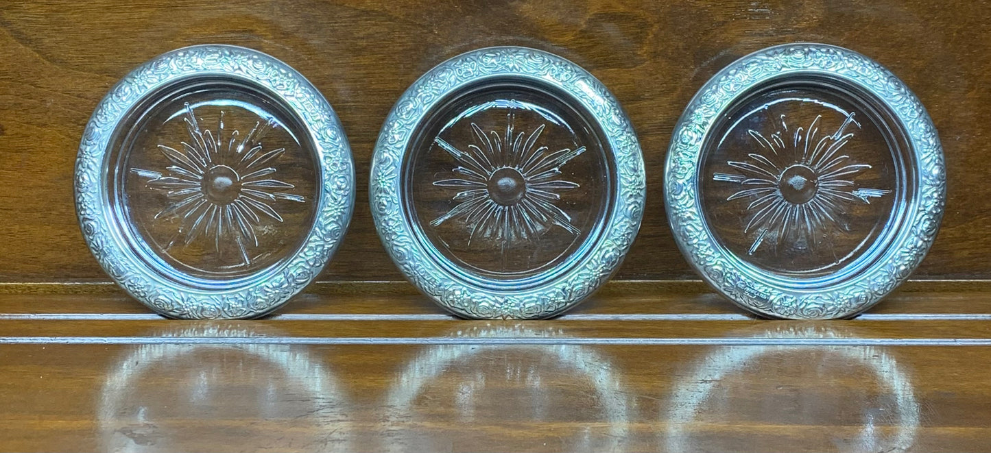 Vintage set of 3 TOWLE Silver Plated Floral Rim glass Coaster's