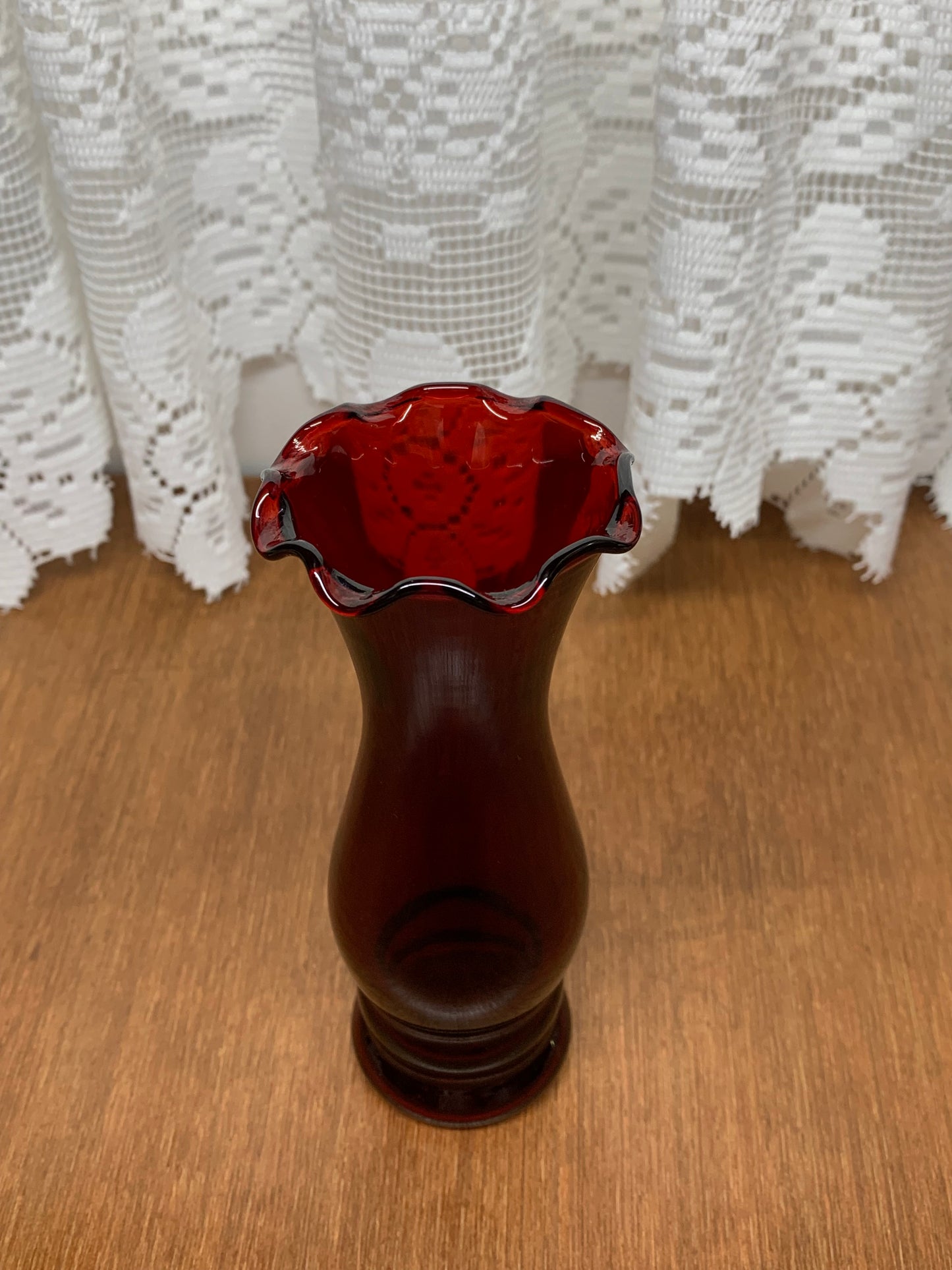 Vintage Royal Red Glass Bud Ruffle Top Vase