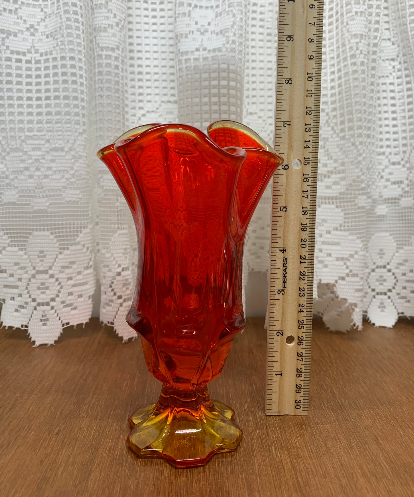 Vintage Orange & Red Amberina Fenton Handkerchief Vase