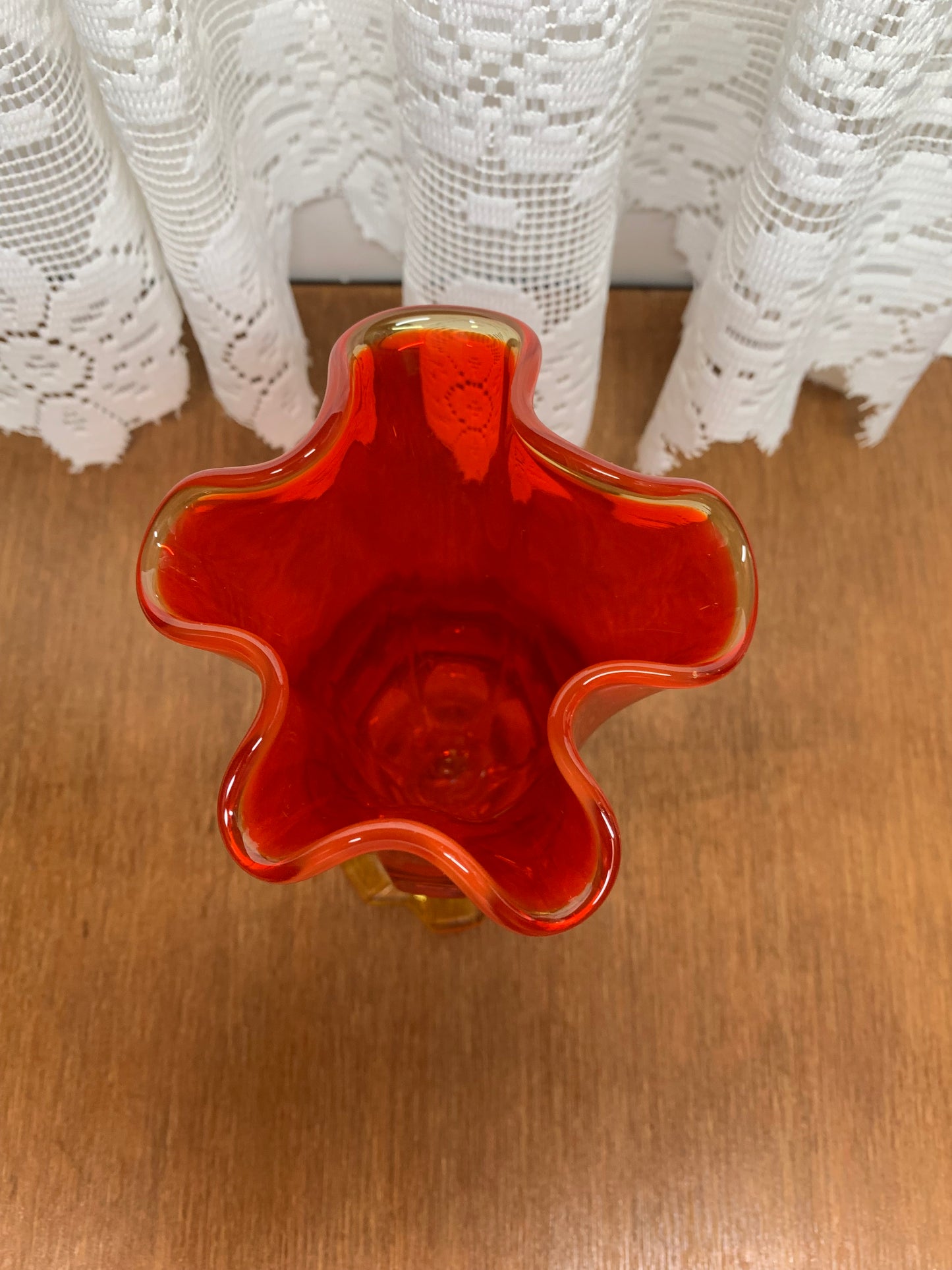 Vintage Orange & Red Amberina Fenton Handkerchief Vase