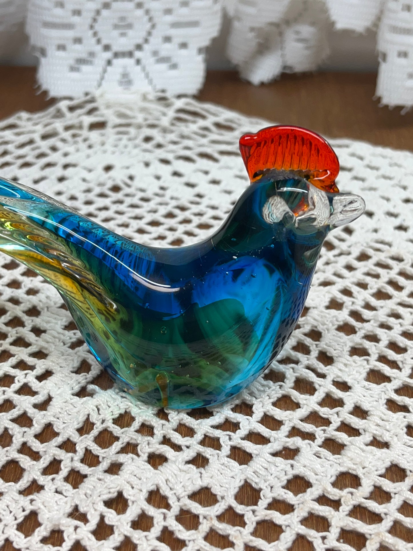 Beautiful Art Glass Chicken blue, red and amber Country Decor, Farmhouse decor