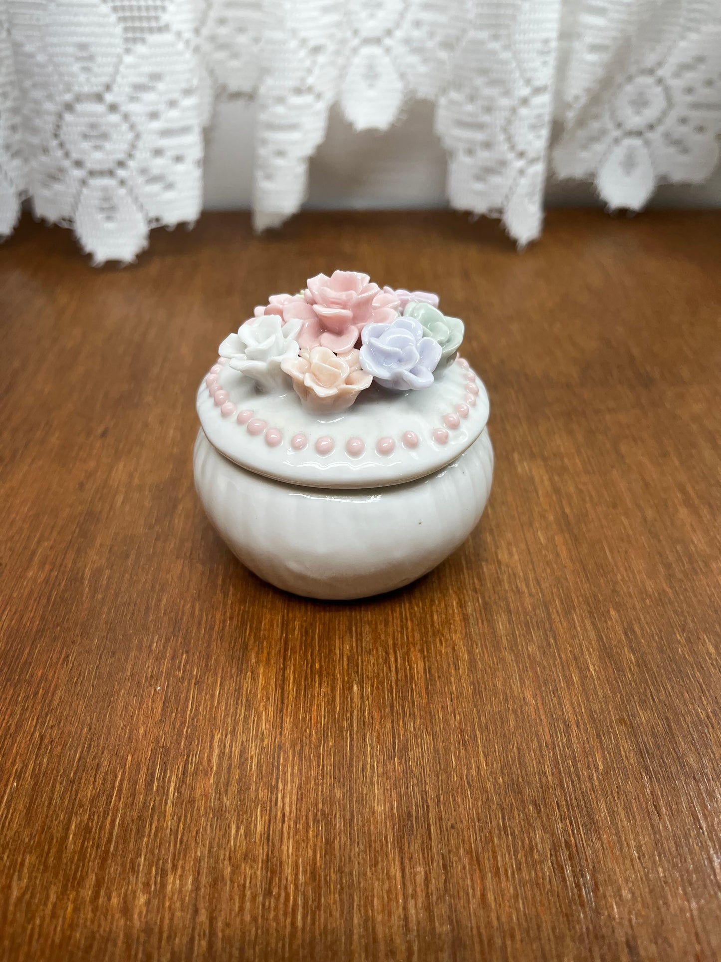 Small Vintage Porcelain Lidded Round Floral Trinket Box