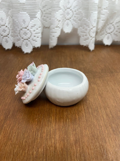 Small Vintage Porcelain Lidded Round Floral Trinket Box