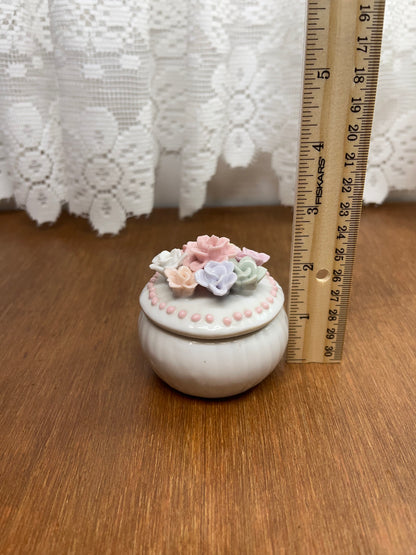 Small Vintage Porcelain Lidded Round Floral Trinket Box