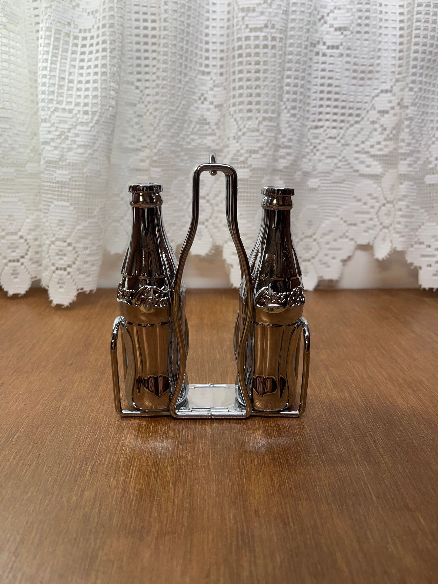 Vintage Chrome Coca Cola Diner Collection Salt & Pepper Shakers with Caddy