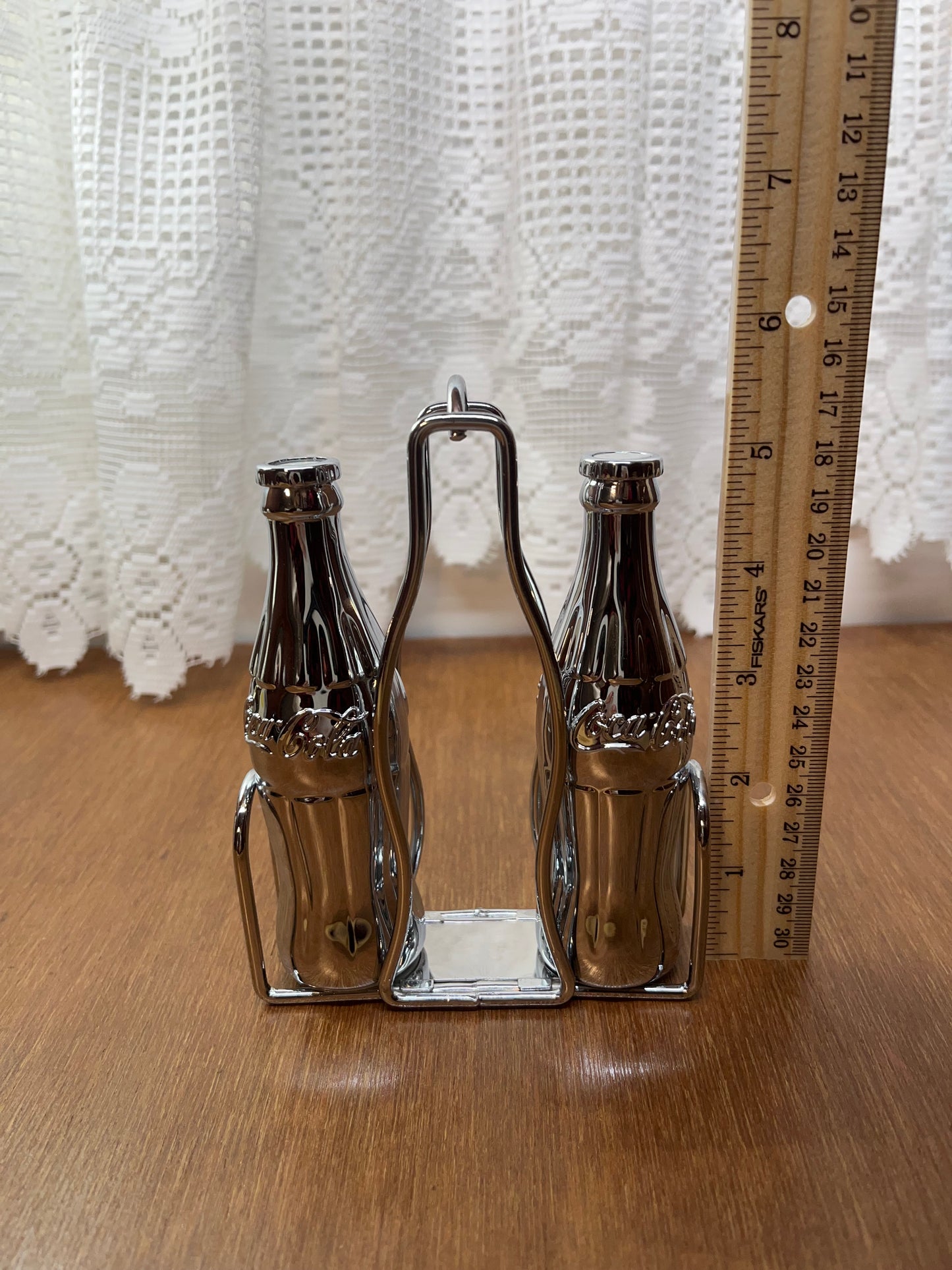 Vintage Chrome Coca Cola Diner Collection Salt & Pepper Shakers with Caddy