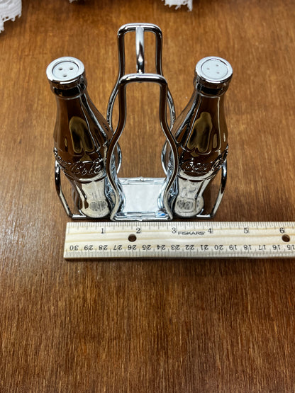 Vintage Chrome Coca Cola Diner Collection Salt & Pepper Shakers with Caddy