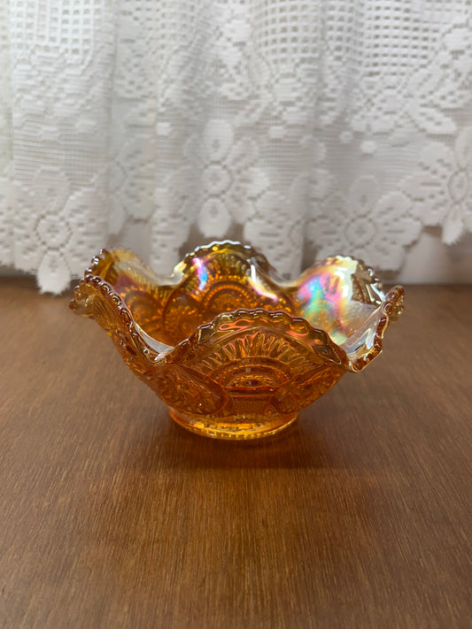 Vintage Imperial Marigold Carnival glass Ruffled lace Candy dish