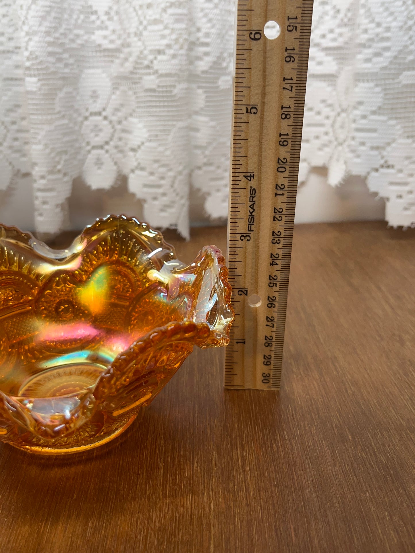 Vintage Imperial Marigold Carnival glass Ruffled lace Candy dish