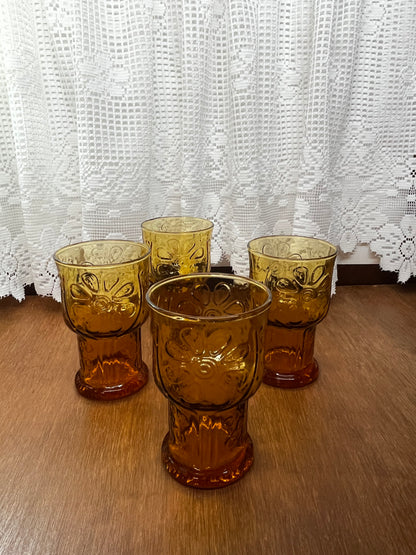 Vintage Libbey Amber Daisy Country set of Four drinking Glasses