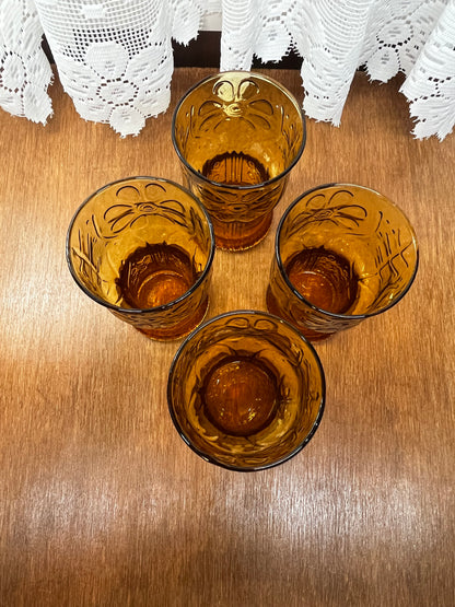 Vintage Libbey Amber Daisy Country set of Four drinking Glasses