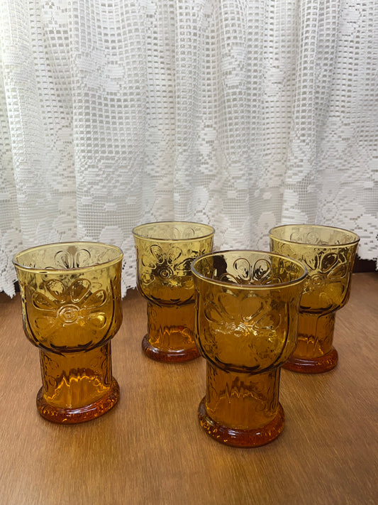 Vintage Libbey Amber Daisy Country set of Four drinking Glasses