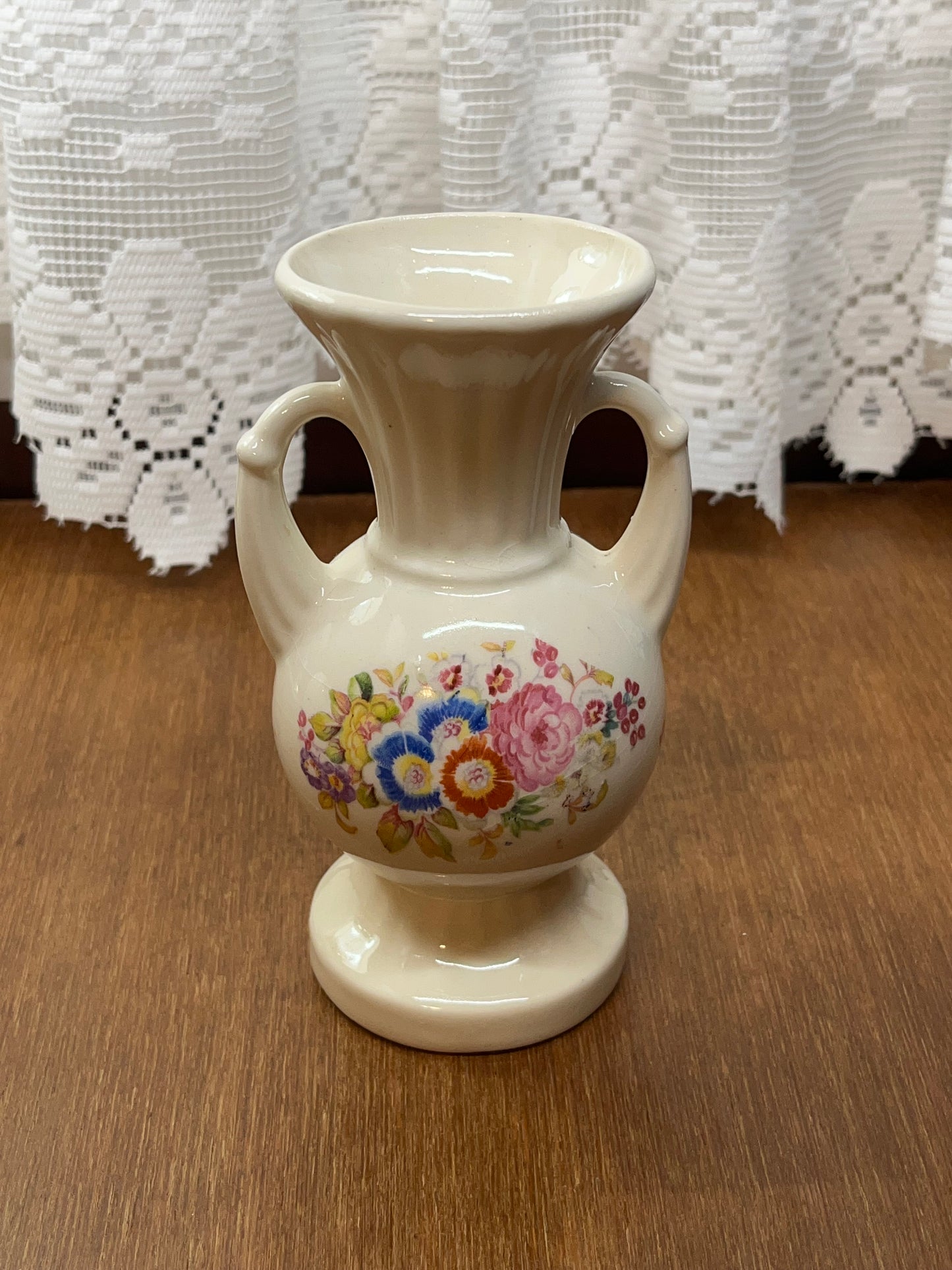 Vintage White Pottery Floral Design Vase with Handles