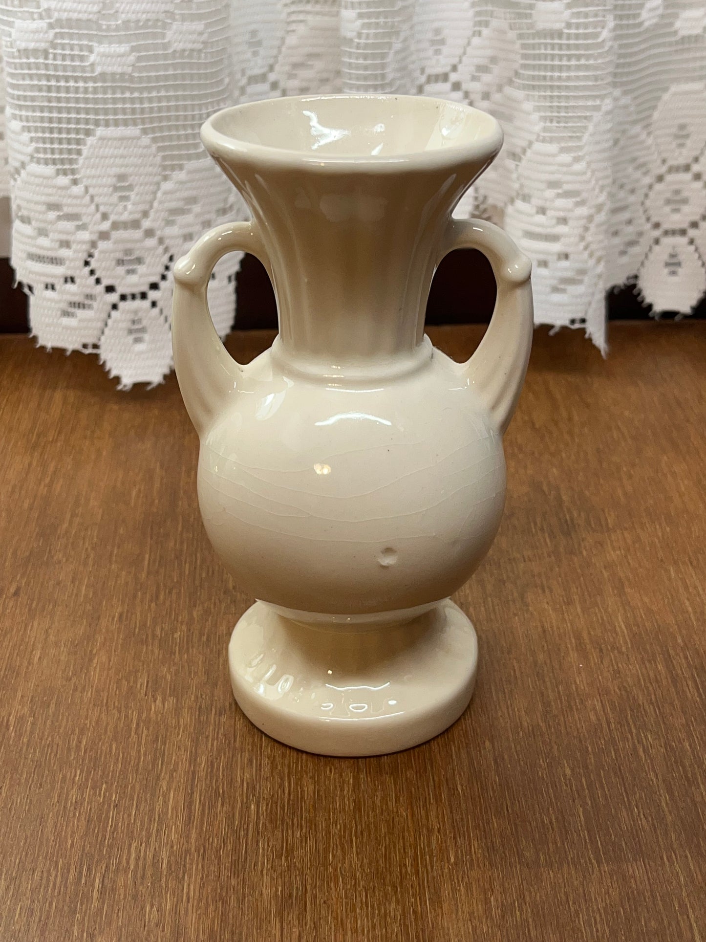 Vintage White Pottery Floral Design Vase with Handles