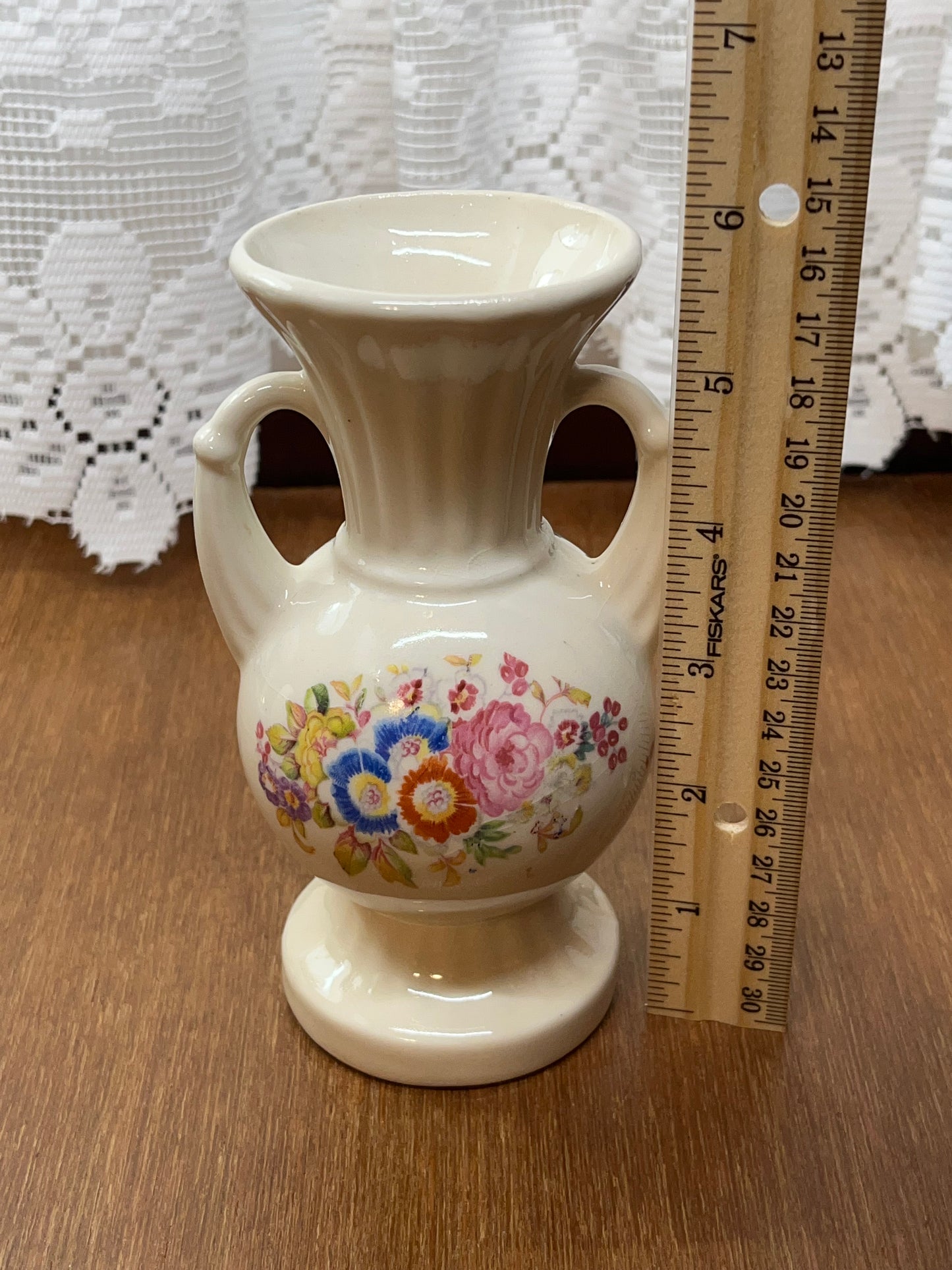 Vintage White Pottery Floral Design Vase with Handles