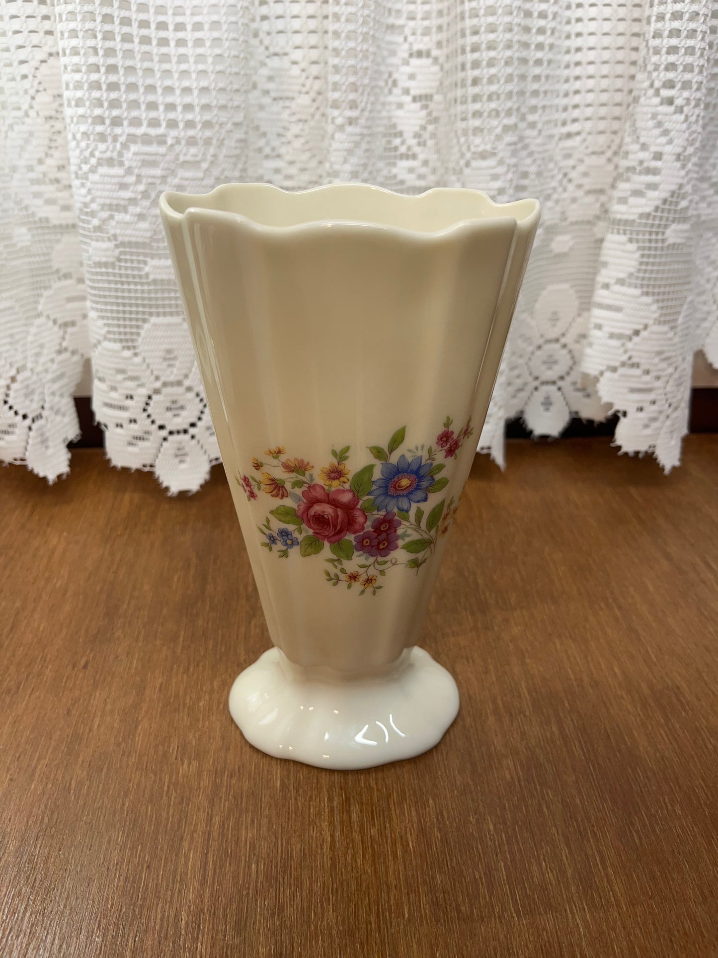 Vintage Lenox Scalloped Vase with Pink Floral Design