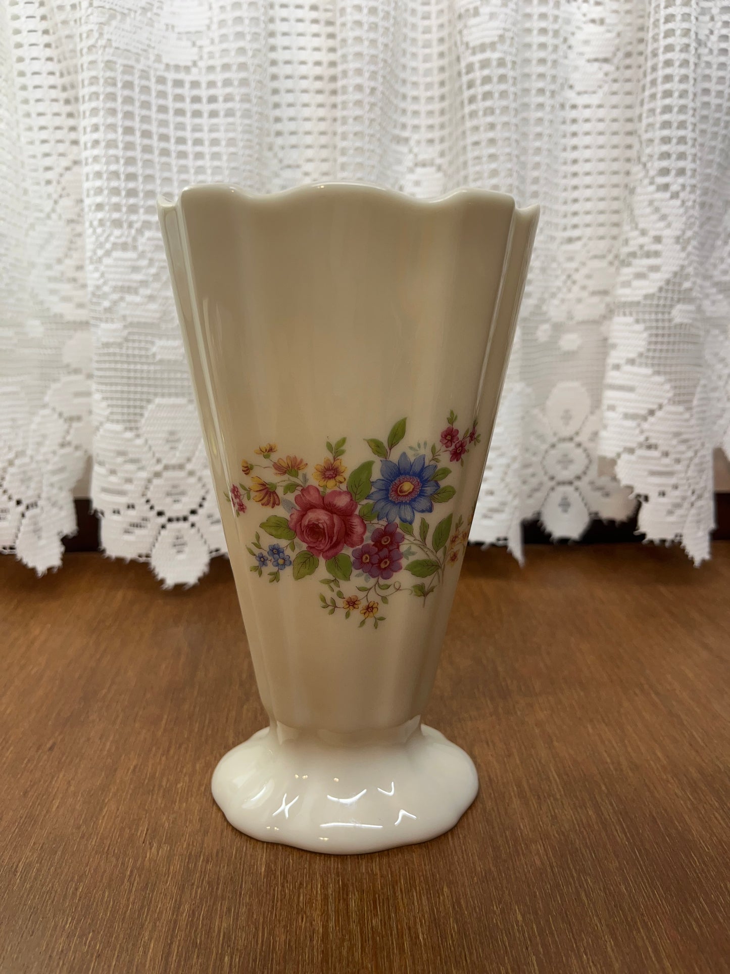 Vintage Lenox Scalloped Vase with Pink Floral Design