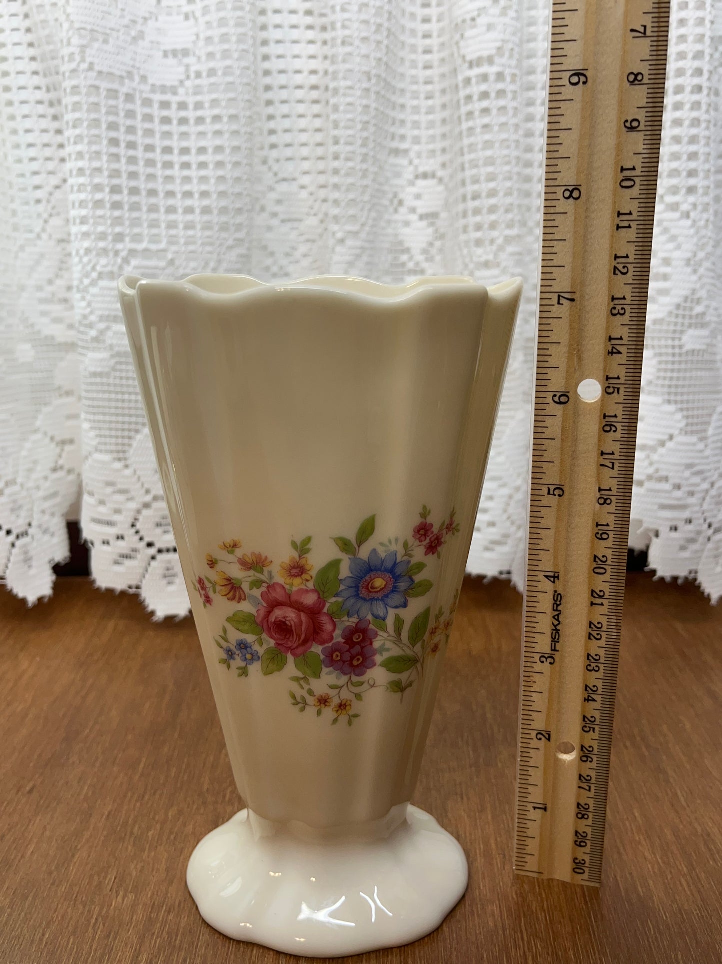 Vintage Lenox Scalloped Vase with Pink Floral Design