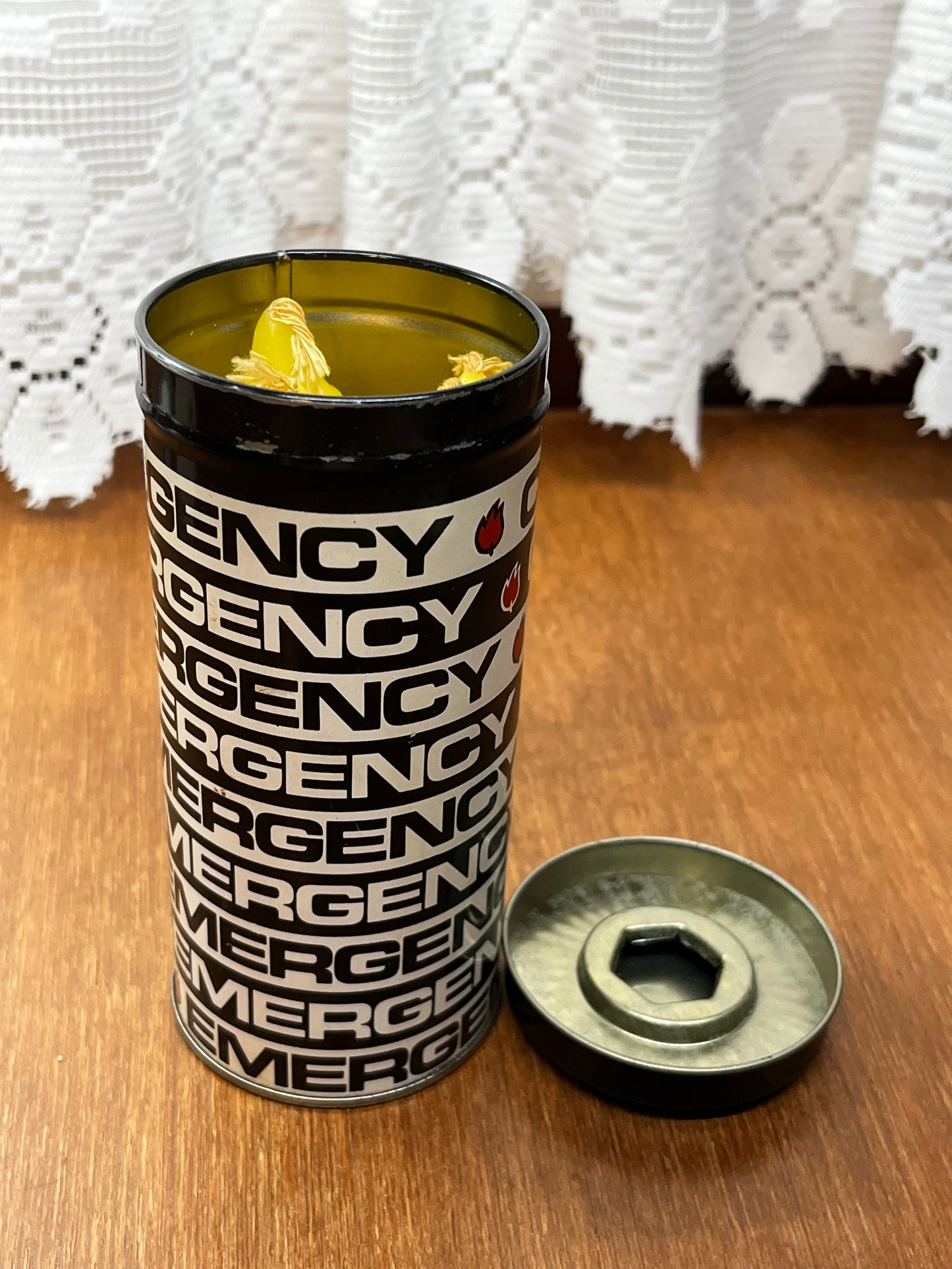 Vintage Emergency Candles Including Tin and Candle Holding Lids