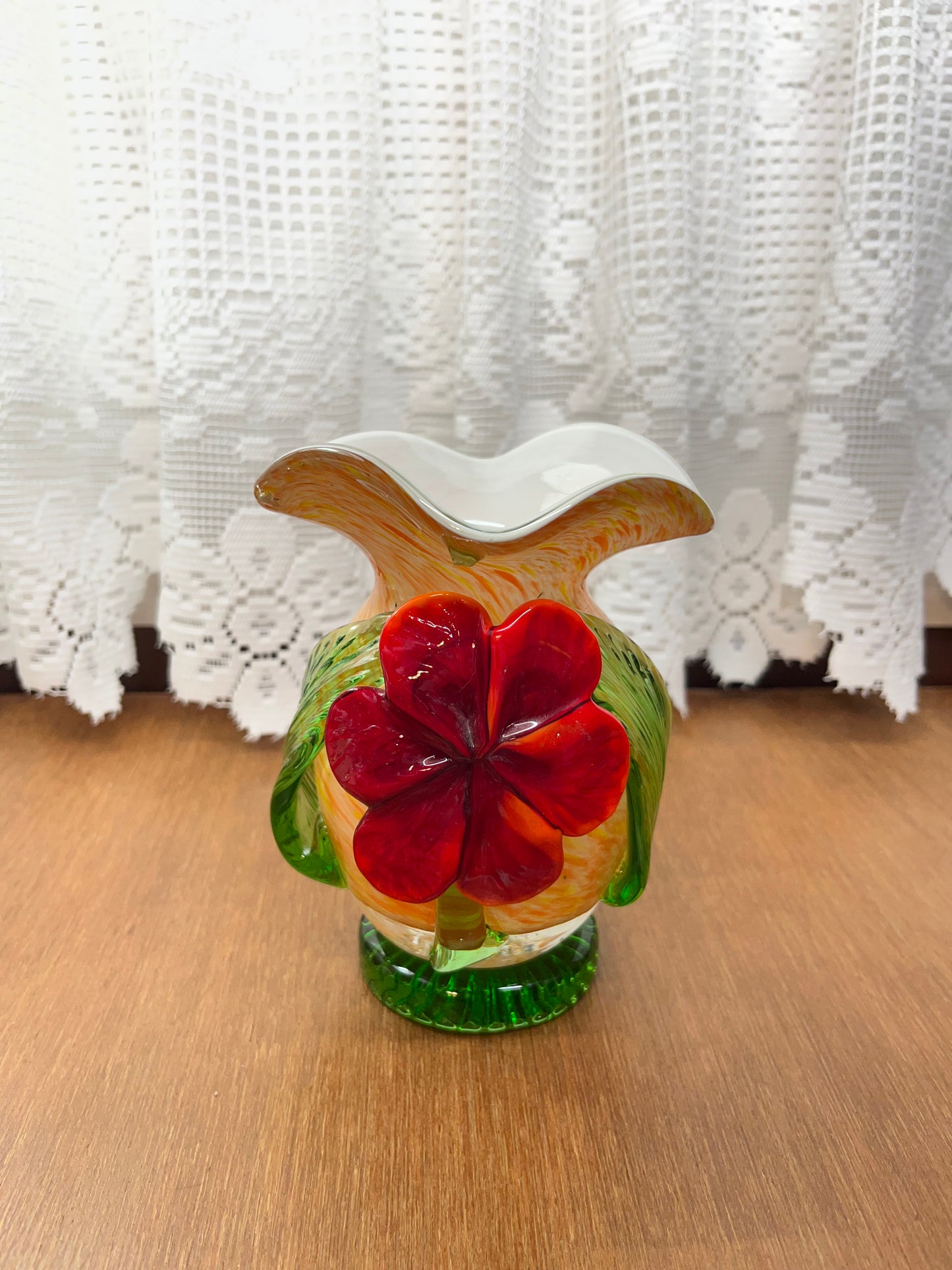 Vintage Floral Art Glass Hand Blown With Red flower & Leaves Vase