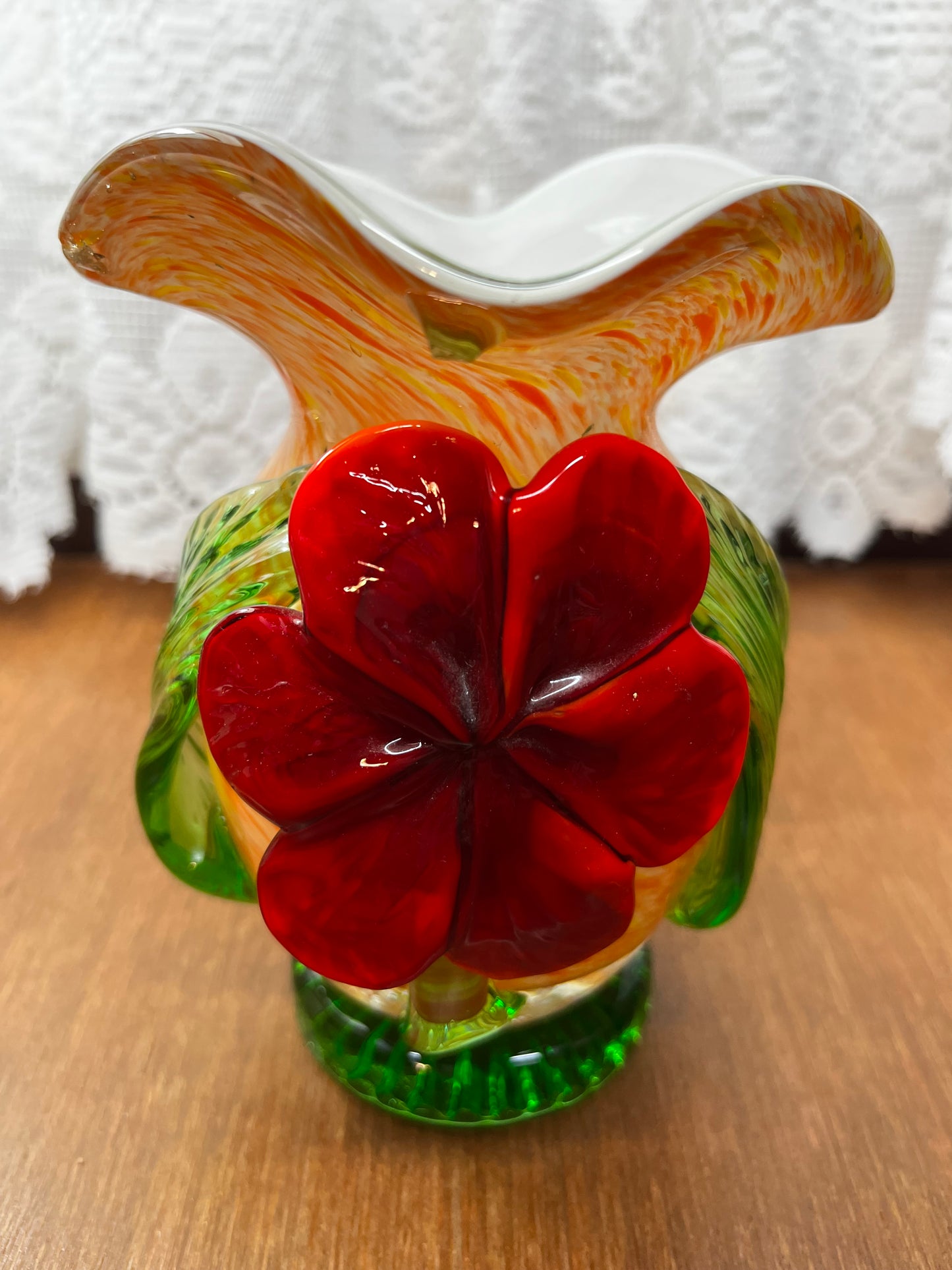 Vintage Floral Art Glass Hand Blown With Red flower & Leaves Vase