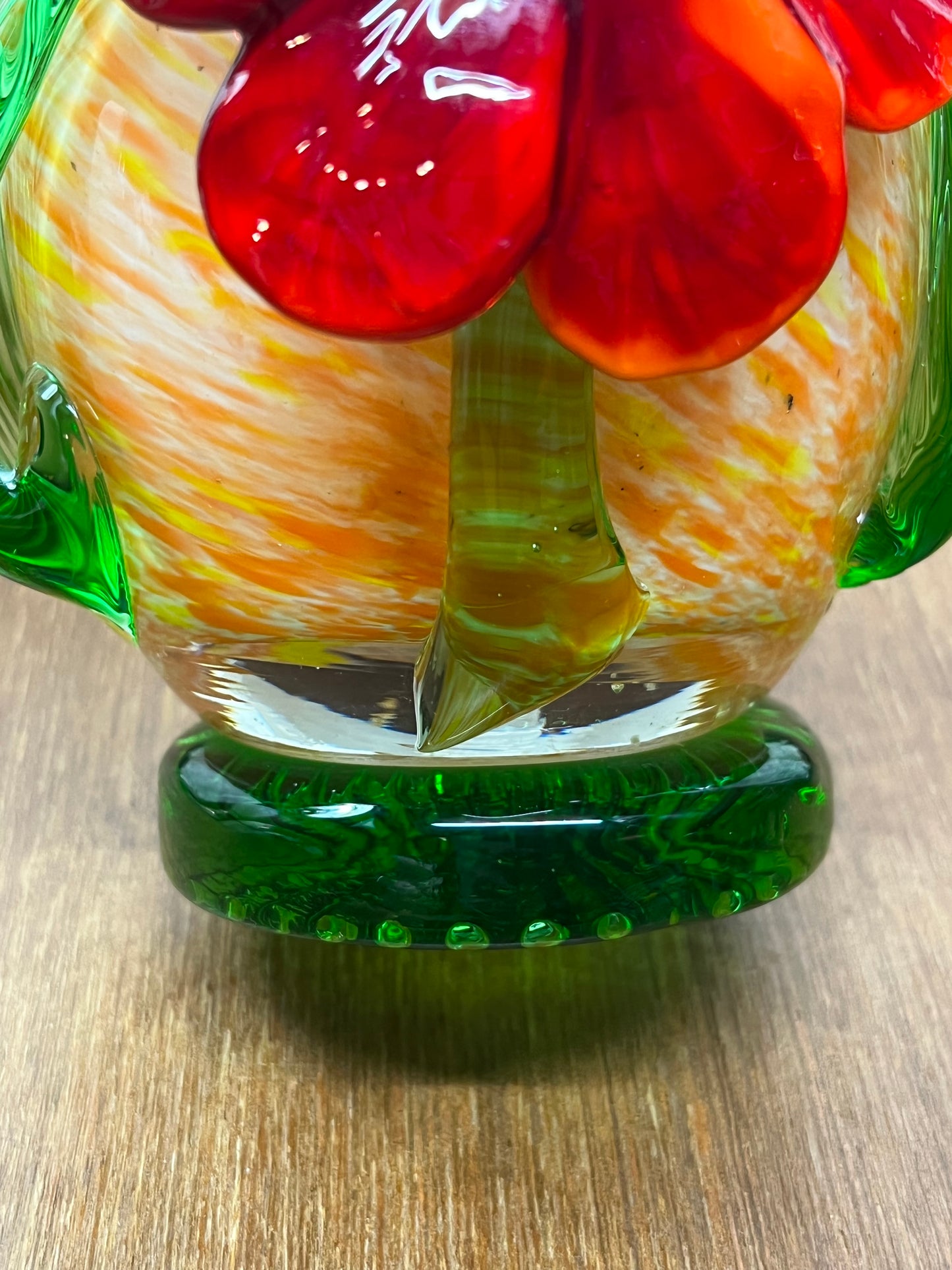 Vintage Floral Art Glass Hand Blown With Red flower & Leaves Vase