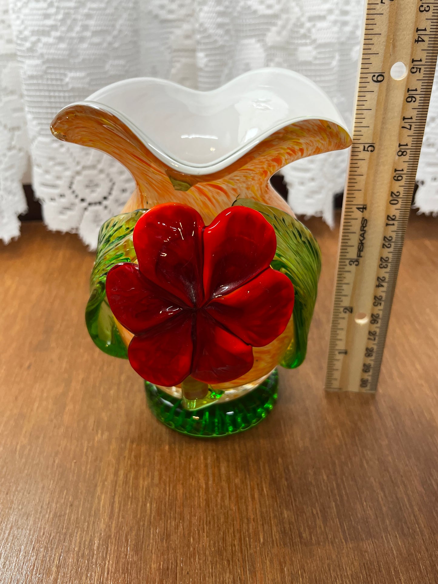 Vintage Floral Art Glass Hand Blown With Red flower & Leaves Vase