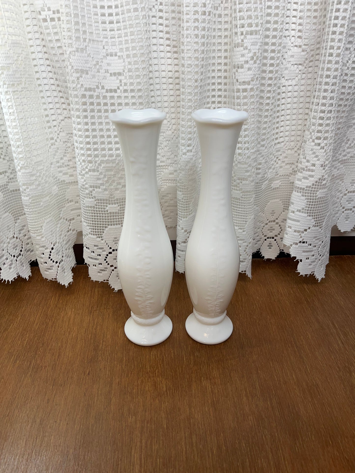 Vintage Milk White Glass Footed Bud Vases Raised Vine Pattern