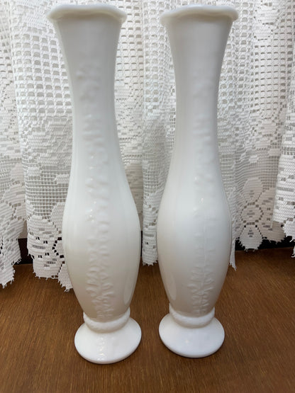 Vintage Milk White Glass Footed Bud Vases Raised Vine Pattern