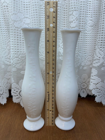 Vintage Milk White Glass Footed Bud Vases Raised Vine Pattern