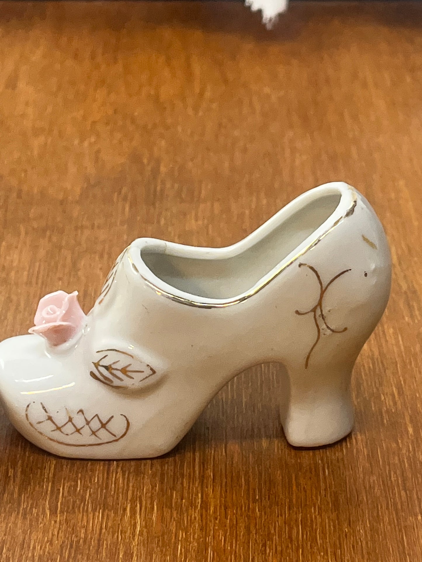 Vintage Small Porcelain White Decorative Floral Art Heel Shoe