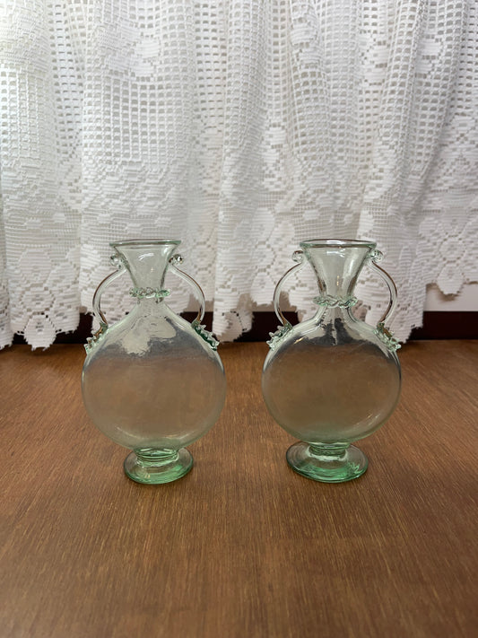 Vintage & Unique Light Green Hand Blown Glass Vases