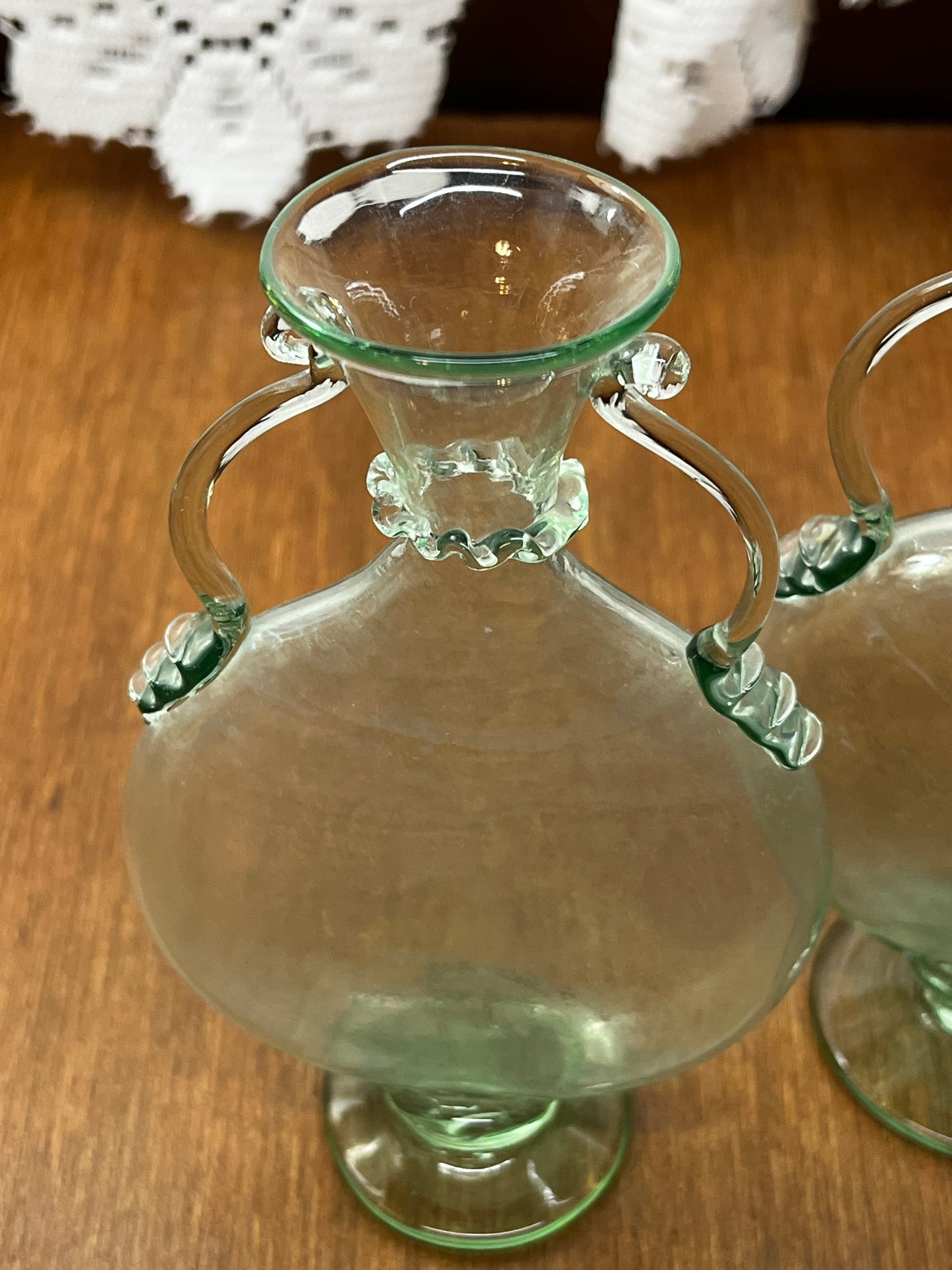 Vintage & Unique Light Green Hand Blown Glass Vases