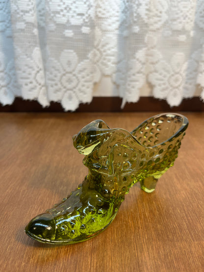 Vintage Hobnail Avocado Green Fenton Art Glass Shoe