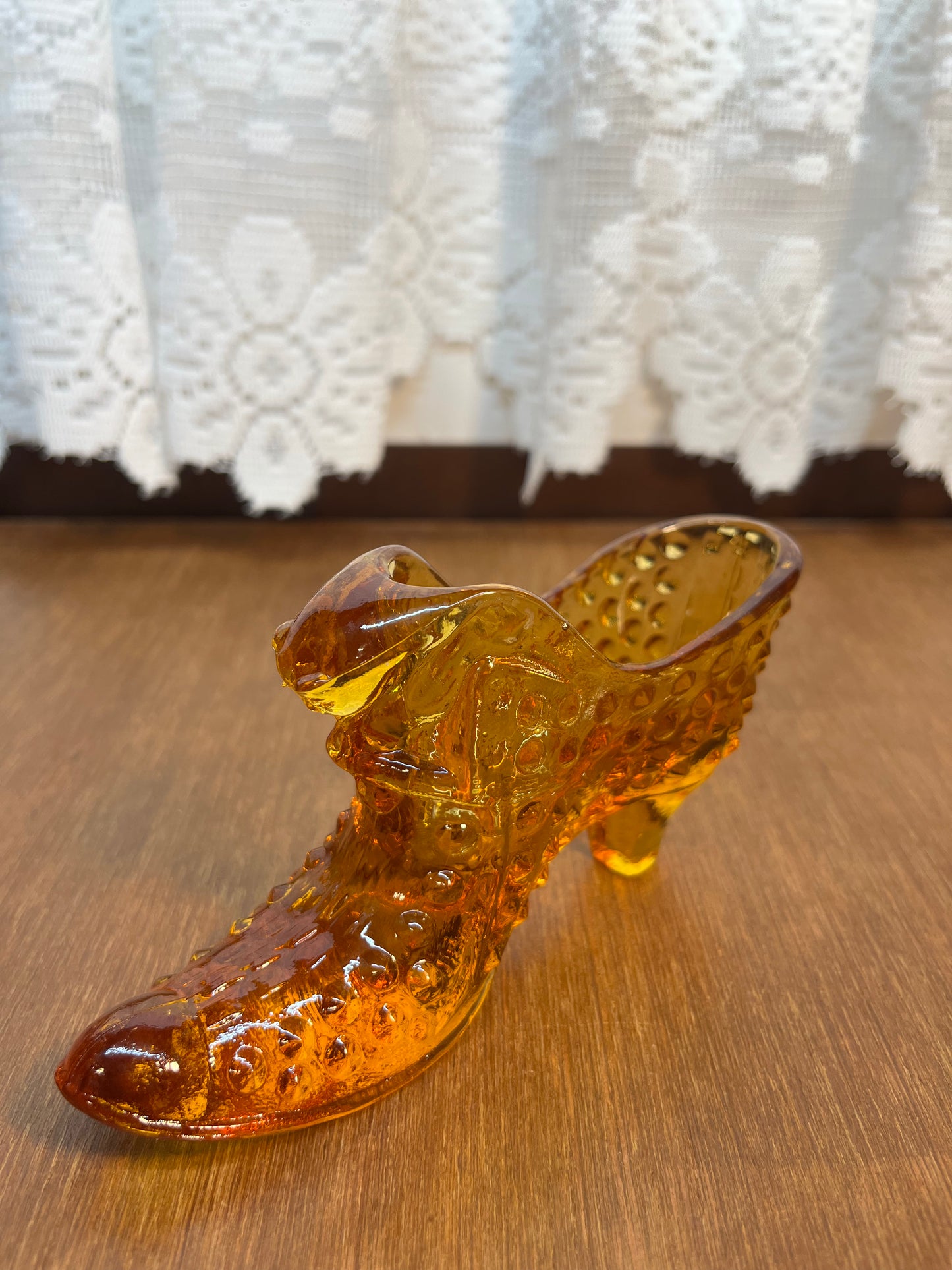 Vintage Fenton Amber Hobnail Art Glass Shoe With Fenton Stamp