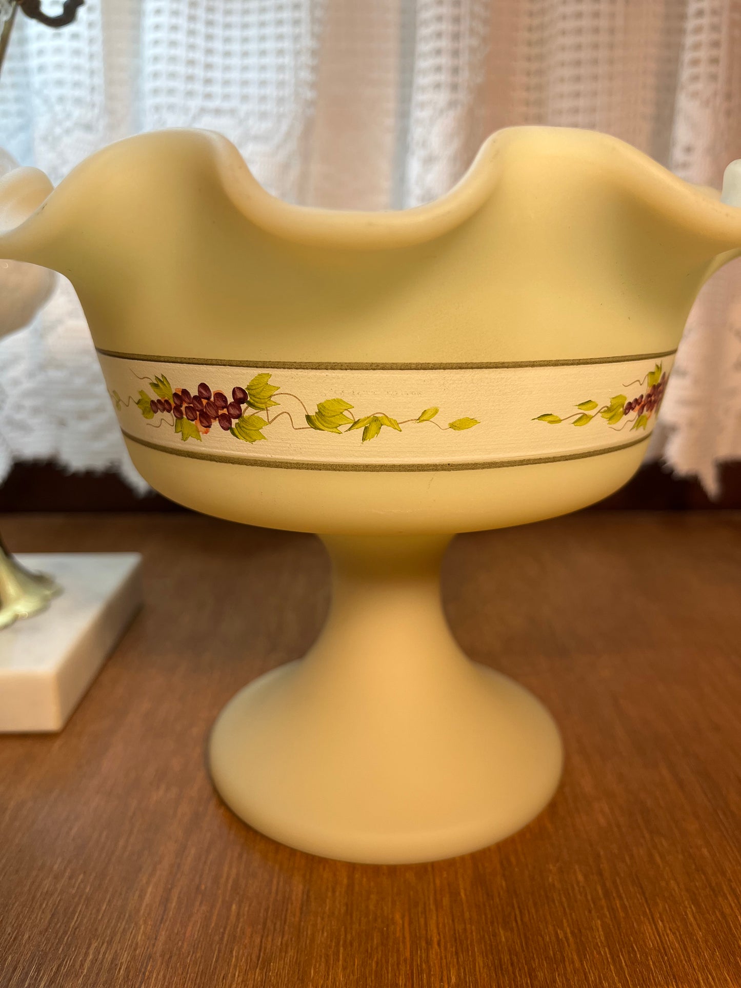 Vintage Fenton Ruffle Top Pedestal With Handpainted Grape Design