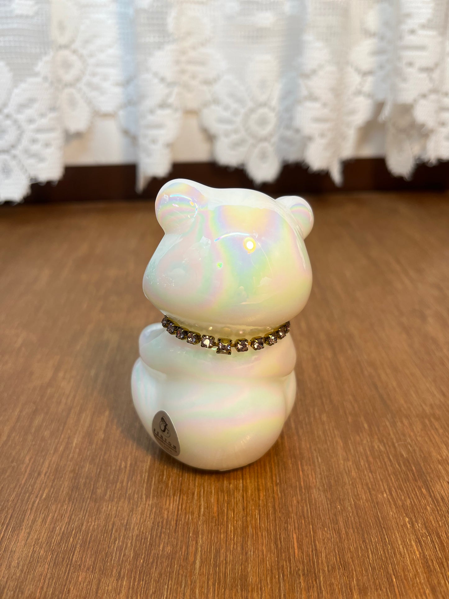 Art Glass Signed Opalescent Hand Painted Bear With Rhinestone Collar T.Gaskins