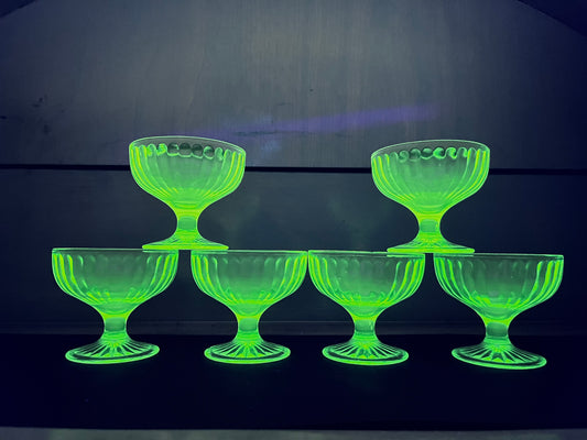 Vintage Uranium Champagne Sherbet Hazel Atlas Green Glass Set