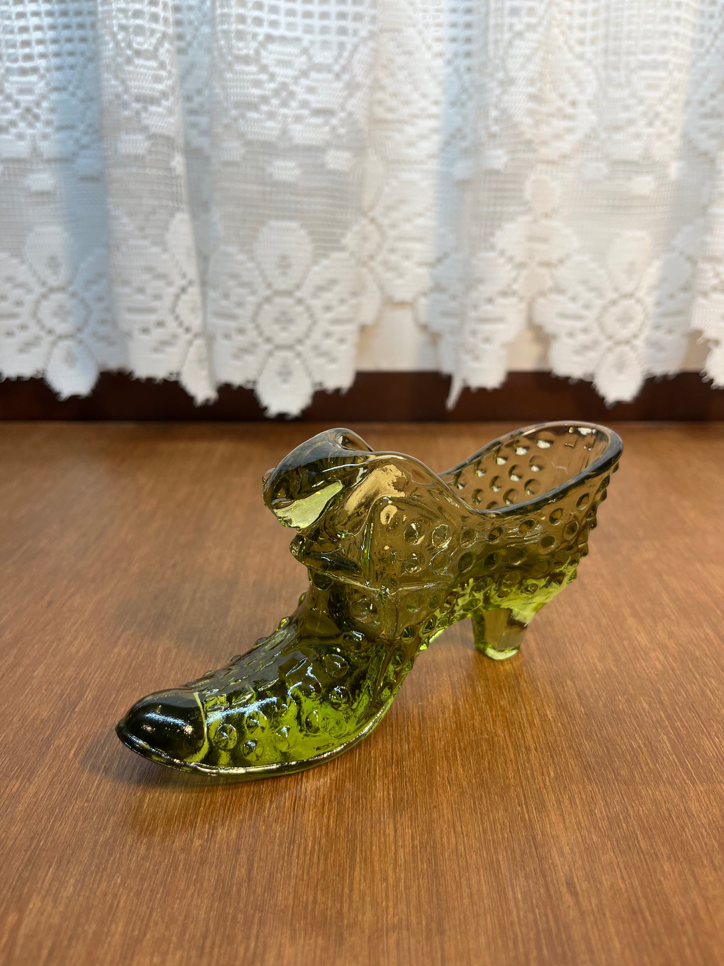 Vintage Hobnail Avocado Green Fenton Art Glass Shoe