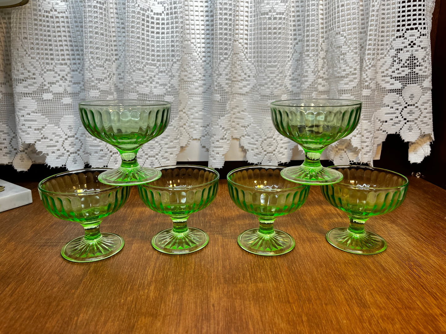 Vintage Uranium Champagne Sherbet Hazel Atlas Green Glass Set