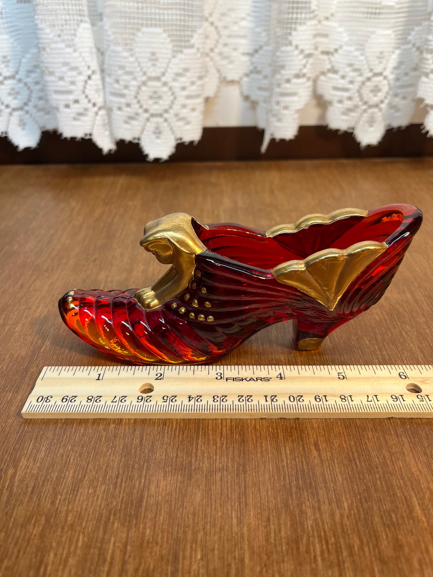 Vintage Ruby Gold Amberina Fenton Art Glass Hand Painted Shoe