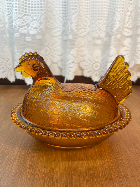 Vintage Indiana Amber Glass Nesting Hen