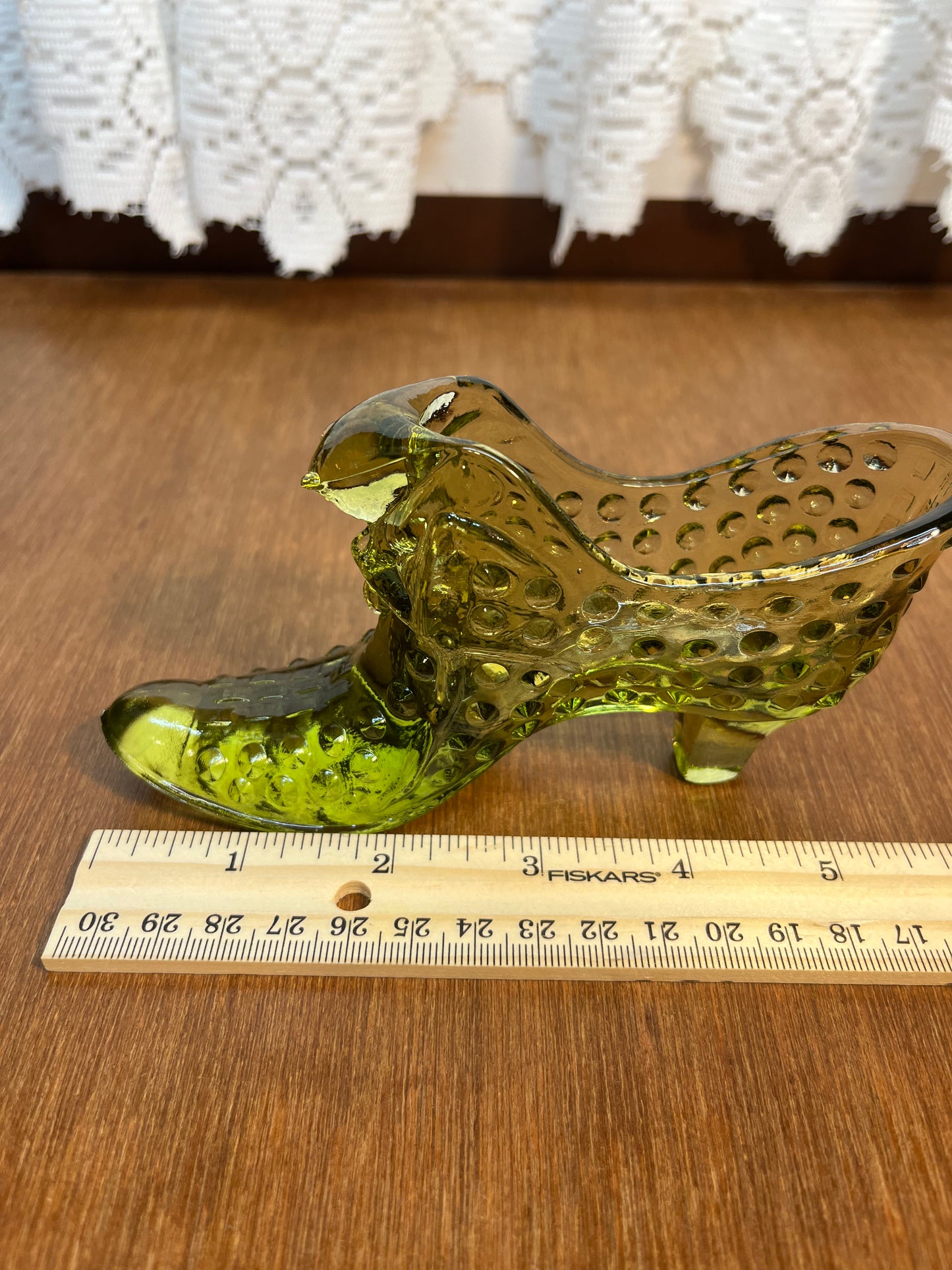 Vintage Hobnail Avocado Green Fenton Art Glass Shoe