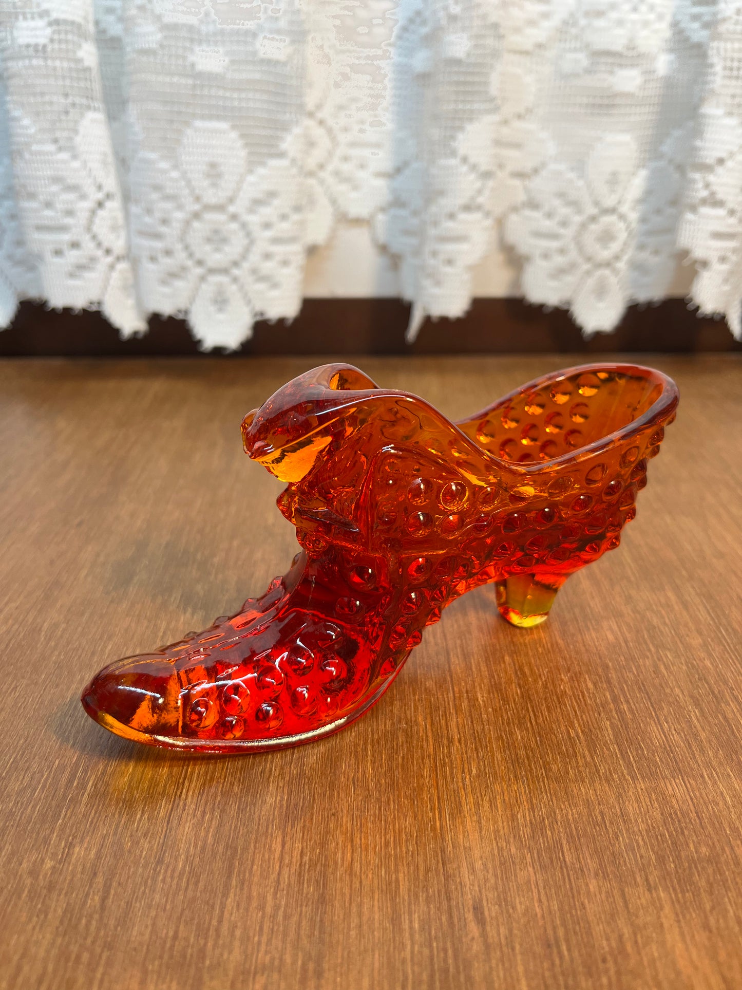 Vintage Hobnail Amberina Fenton Art Glass Cat Face Shoe