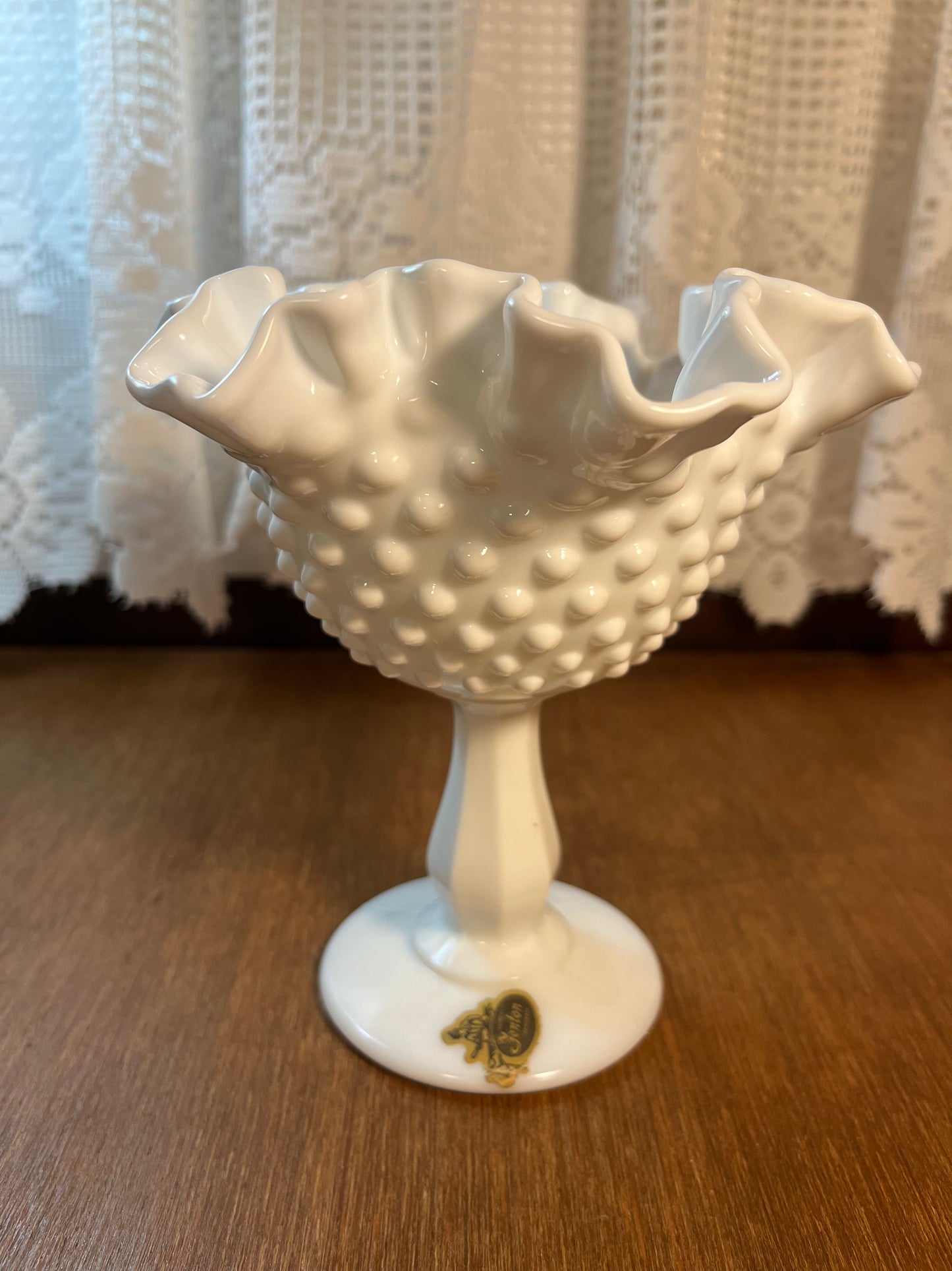 Vintage Fenton Ruffle Top Hobnail Pedestal Dish