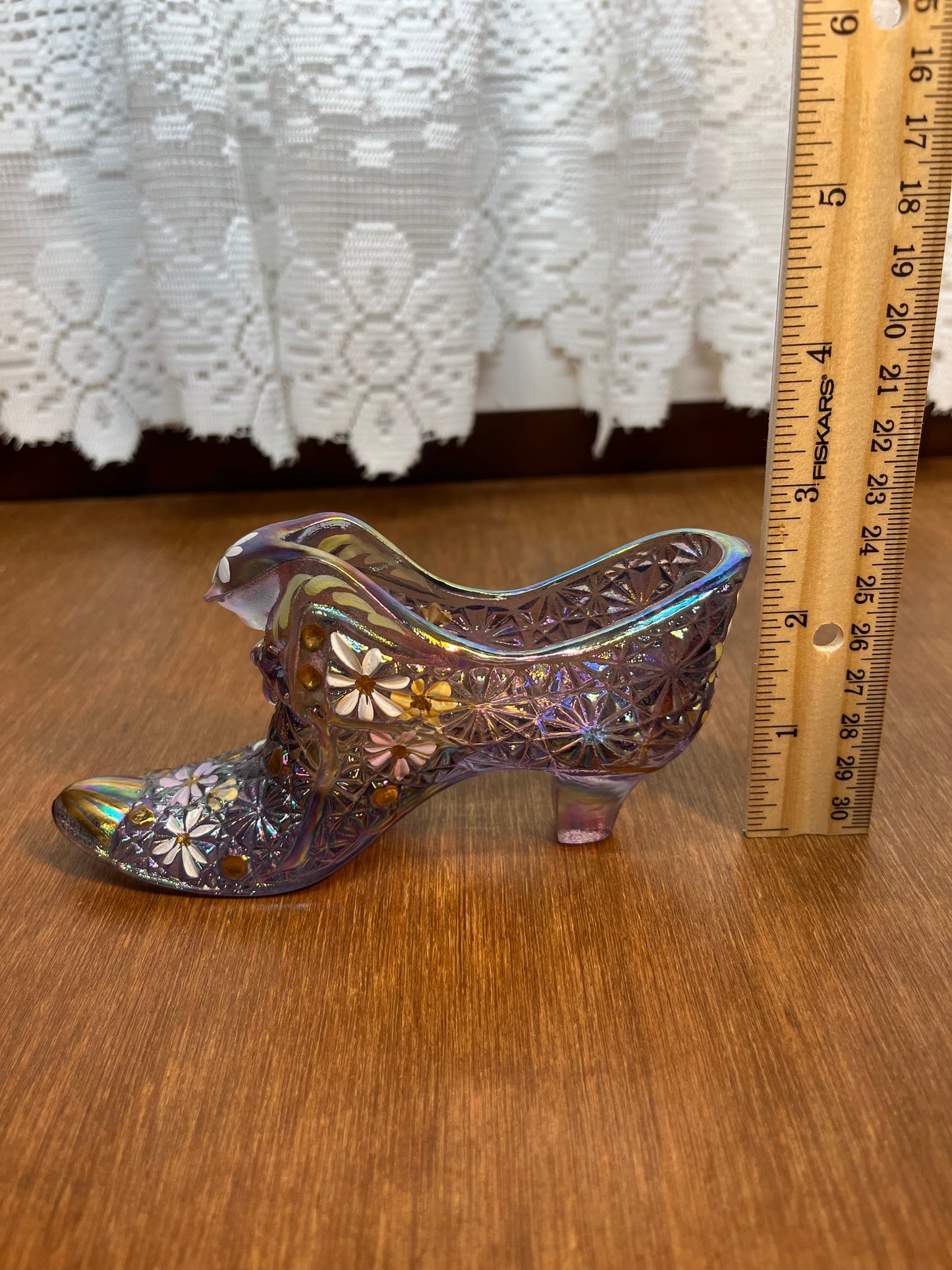 Iridescent Lilac 95th Anniversary Art Glass Fenton Hand Painted Shoe