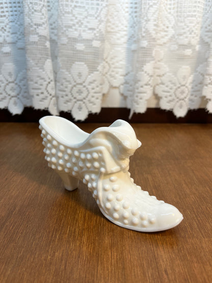 Vintage Milk Glass Hobnail Fenton Art Glass Shoe