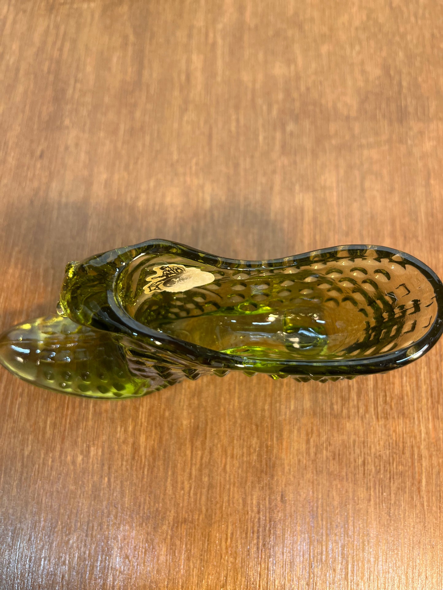 Vintage Hobnail Avocado Green Fenton Art Glass Shoe