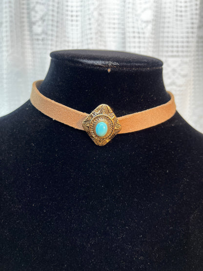 Brown Choker Necklace with Turquoise Stone