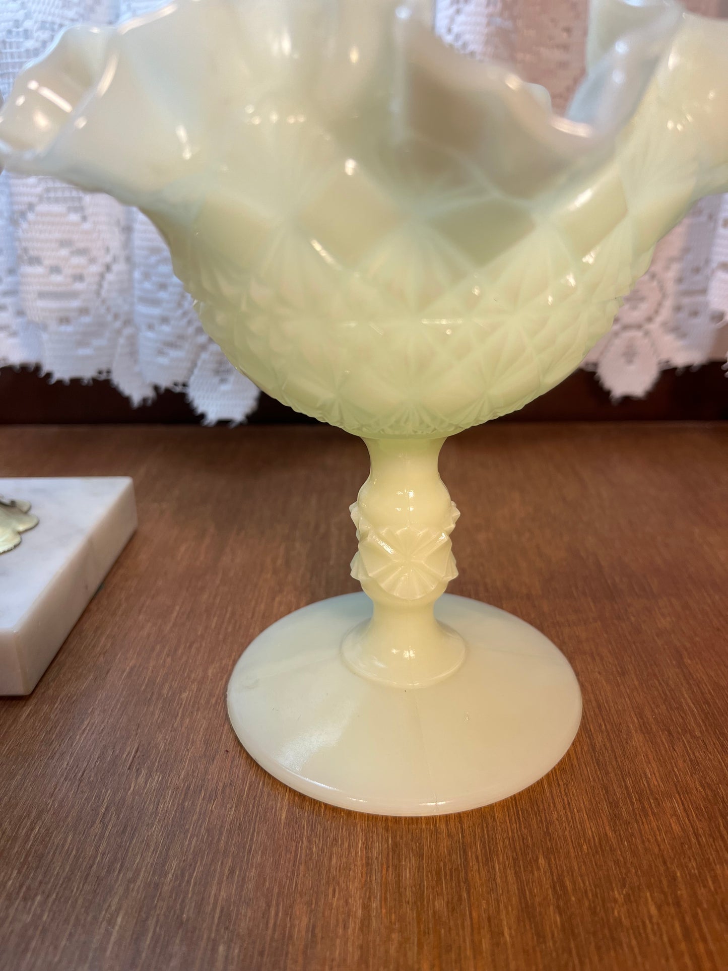 Vintage Fenton Uranium Ruffle Top Pedestal Dish